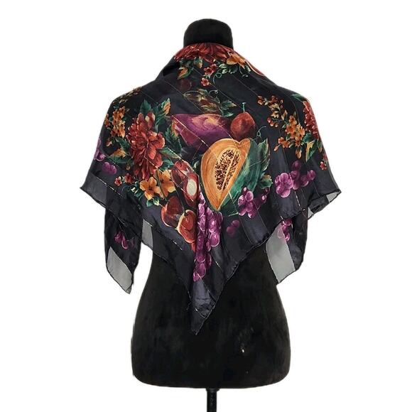 Unbranded Accessories - Vtg Unbranded Hand Rolled Still Life Floral Fruit Square Silk Scarf 30x30 In